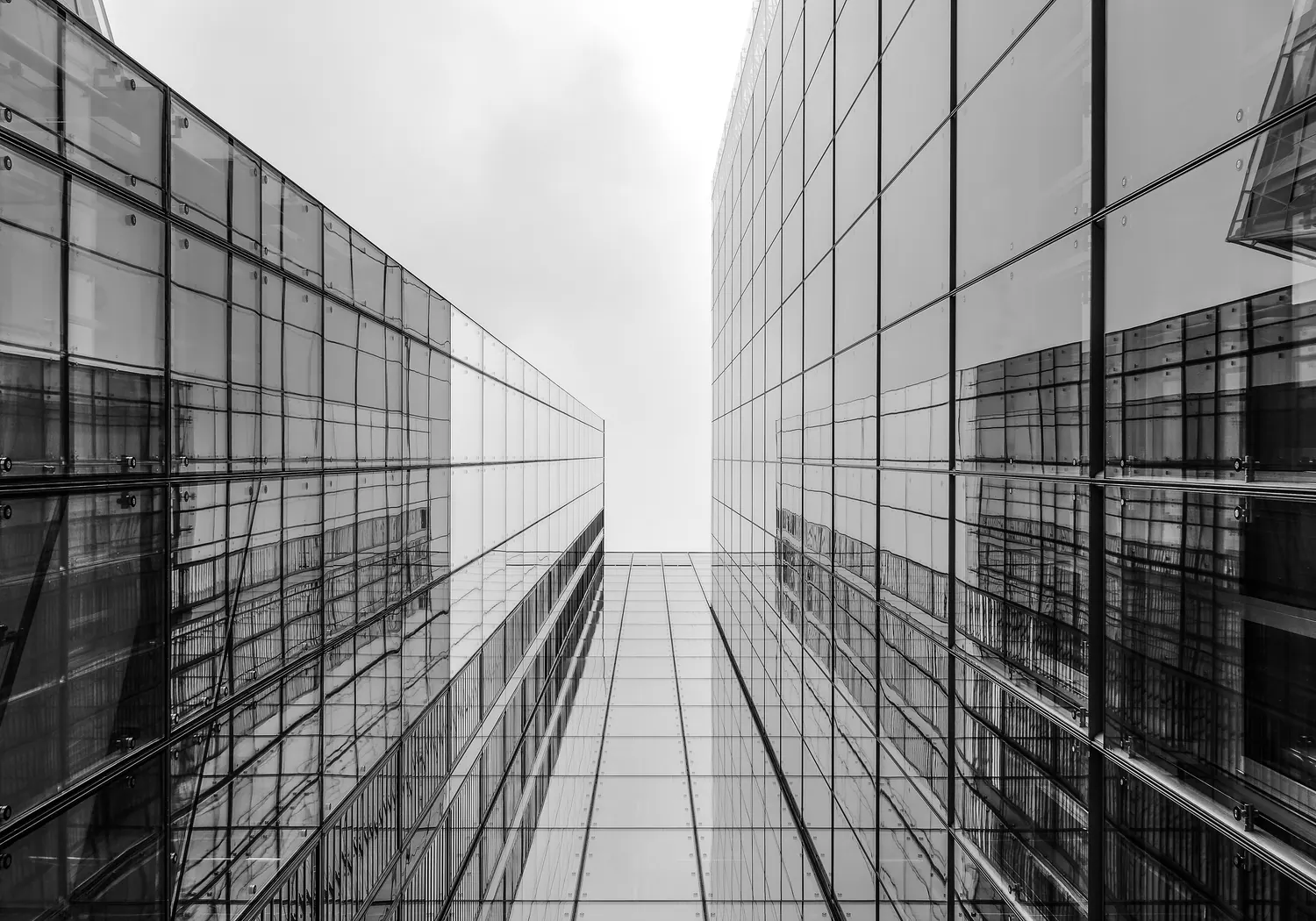 Glass towers seen from street level