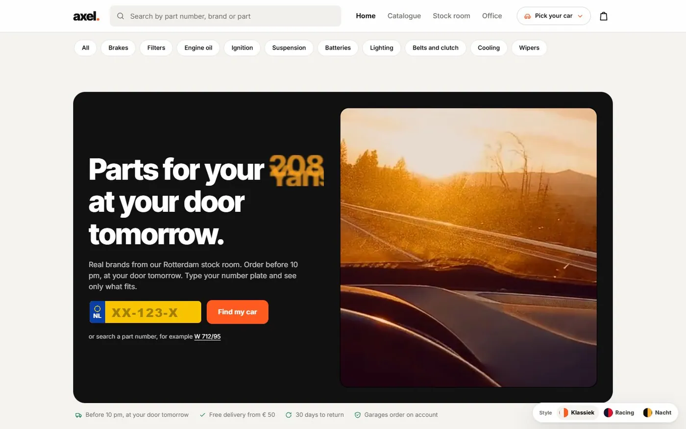 The axel parts home page with the number plate field
