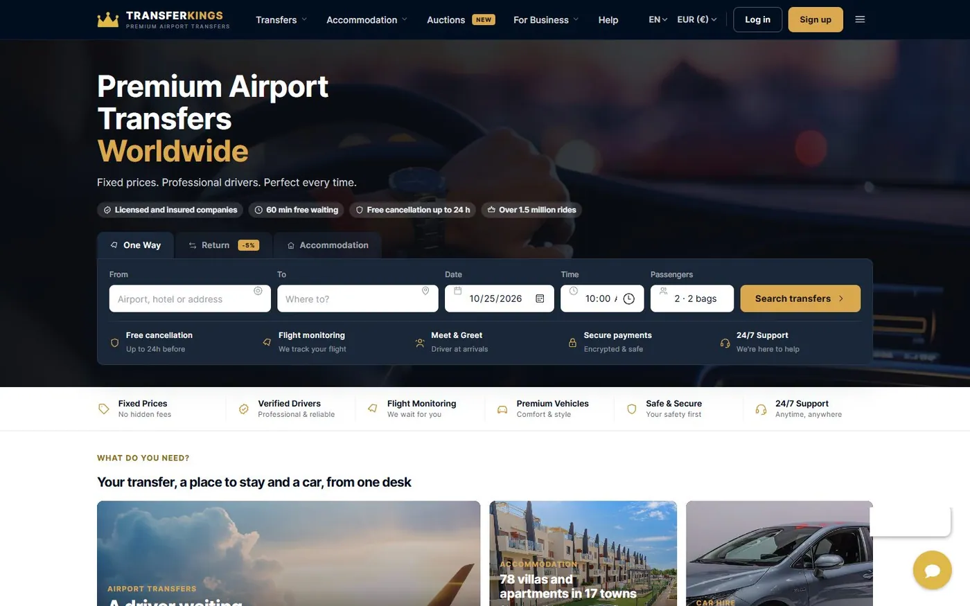 The TransferKings home page with the transfer search