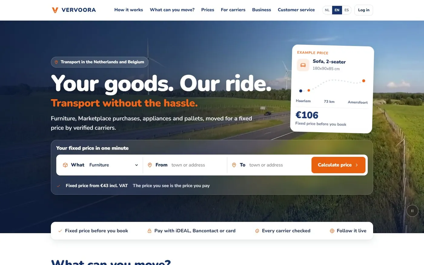 The Vervoora home page with the price calculator